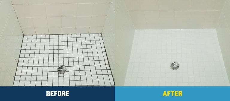 Shower floor tile and grout before and after restoration