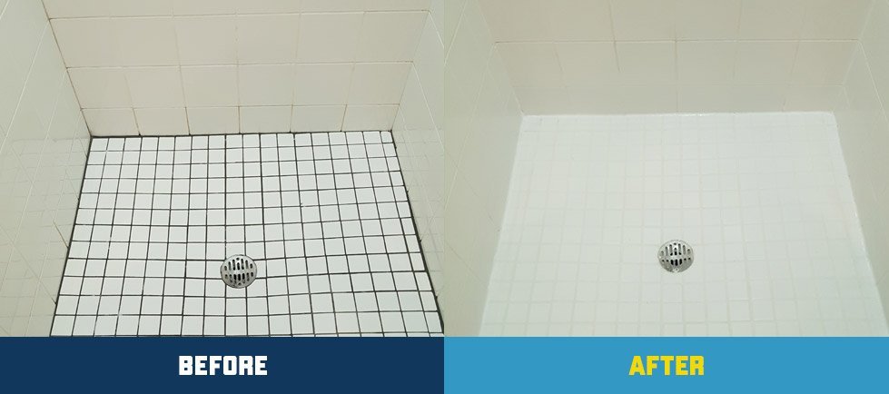 Shower floor tile and grout before and after restoration
