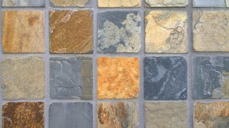 Natural slate floor tile with grout lines